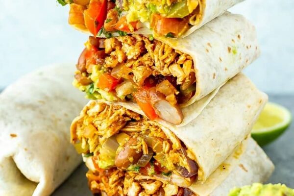 Easy Chicken Burritos (Shredded Mexican chicken, corn, refried beans)